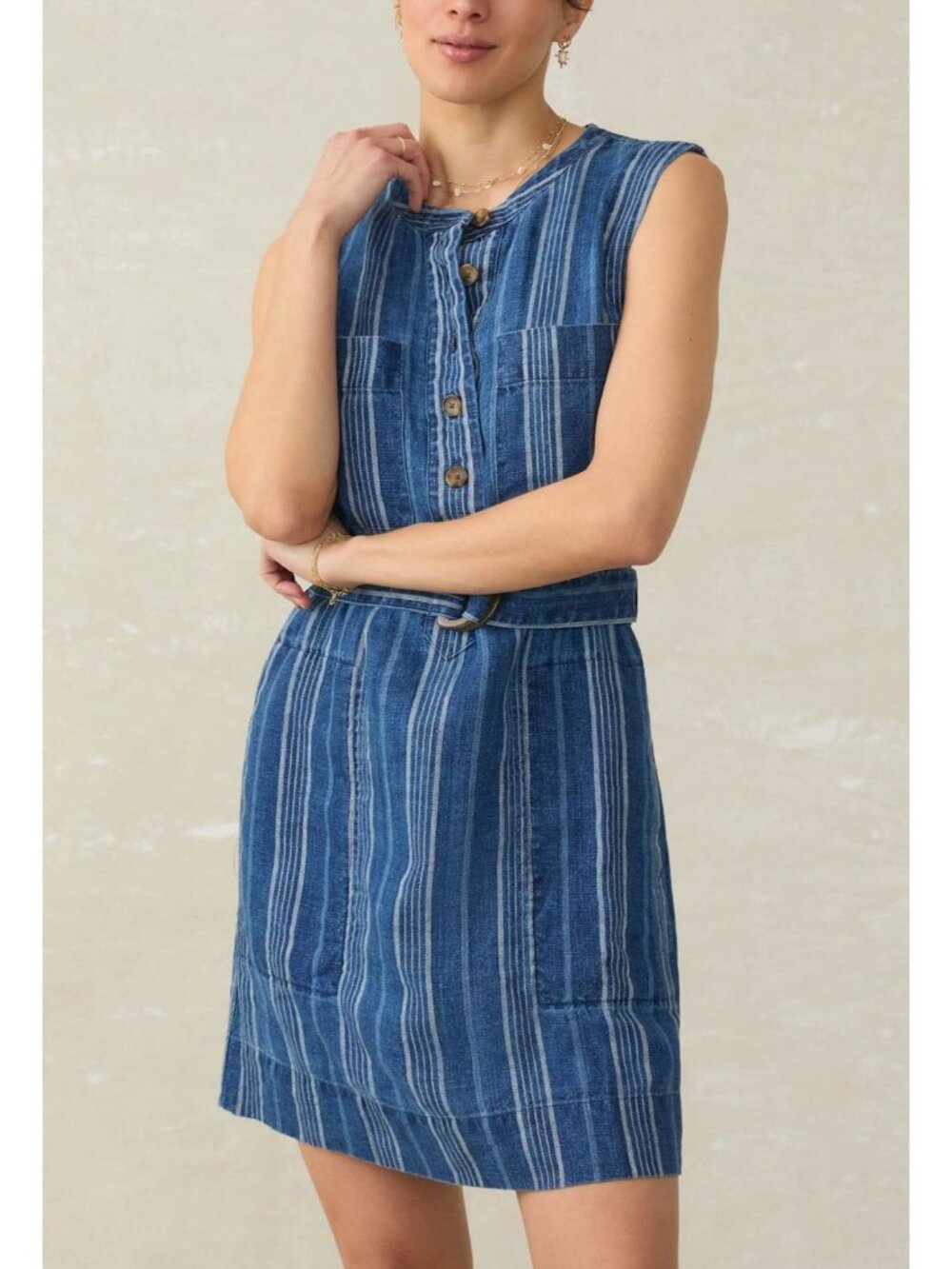 Faherty Women XXL Avalon Dress Dockside Stripe Blue Linen Sleeveless Belt Waist